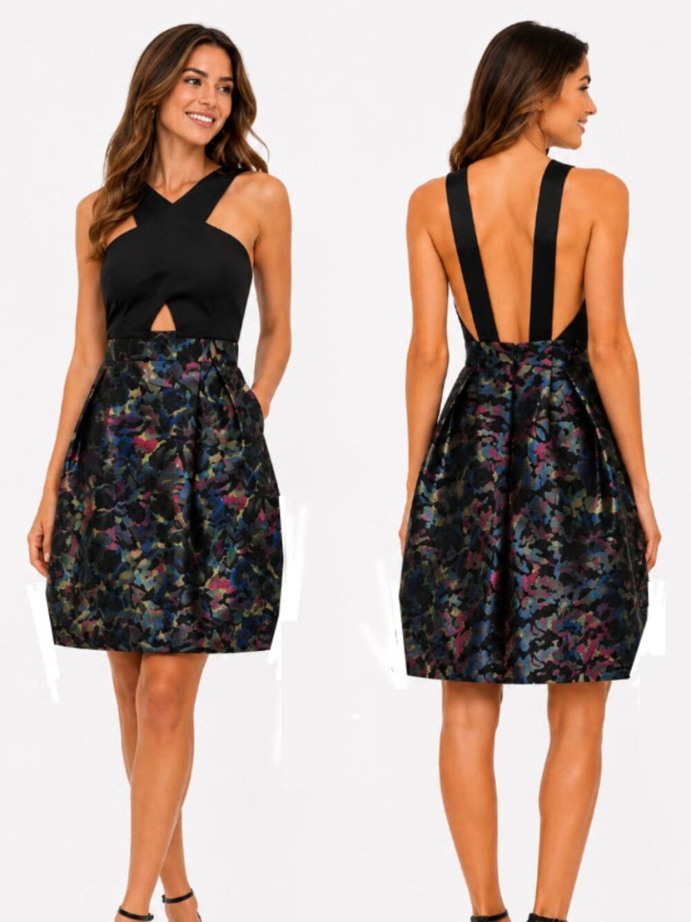 Aidan Mattox Mini Dress Cross Neck Cutout Jacquard 10 Black Multi Night